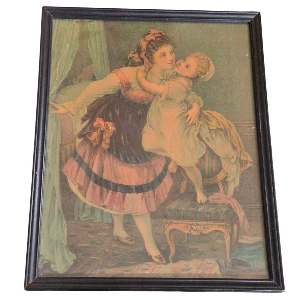 The Good Night Kiss Vintage Framed Print Mother Child In Victorian Style 12 x 10